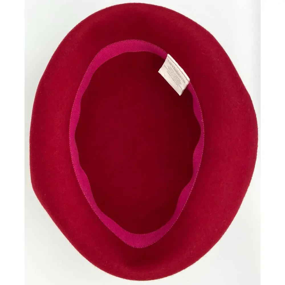 Vintage Liz Claiborne Red Wool Cloche Hat with Mink Fur Trim and Beaded Accent